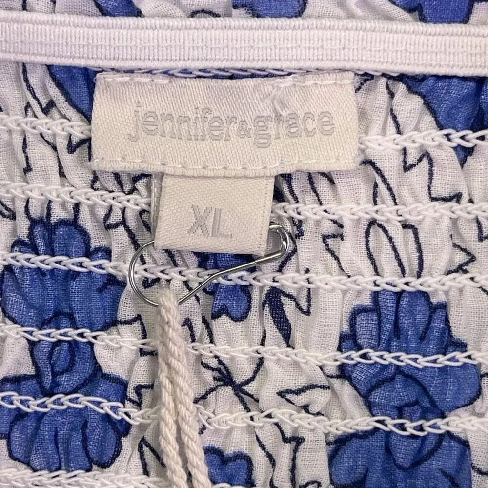 Jennifer & Grace Blue White Floral Print Smocked Tiered Mini Skirt Size XL NWT